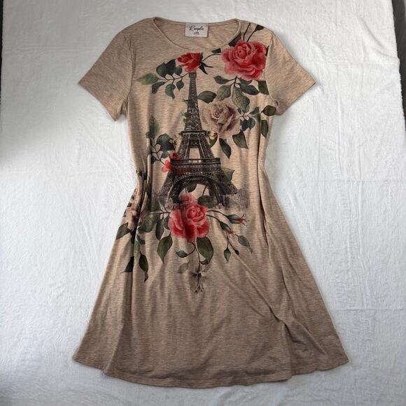 Remplie Dresses & Skirts - Remplie Eiffel Tower Printed Shirt Dress Women’s L Tan Artsy Roses Parisian Y2K